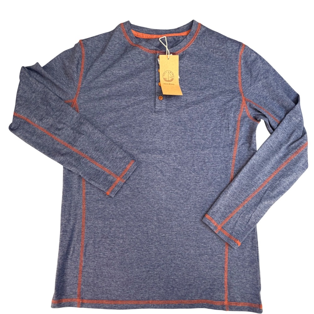 Sailwind Mens Henley Shirt Small Blue Heathered Orange Stitch Long Sleeve New‎